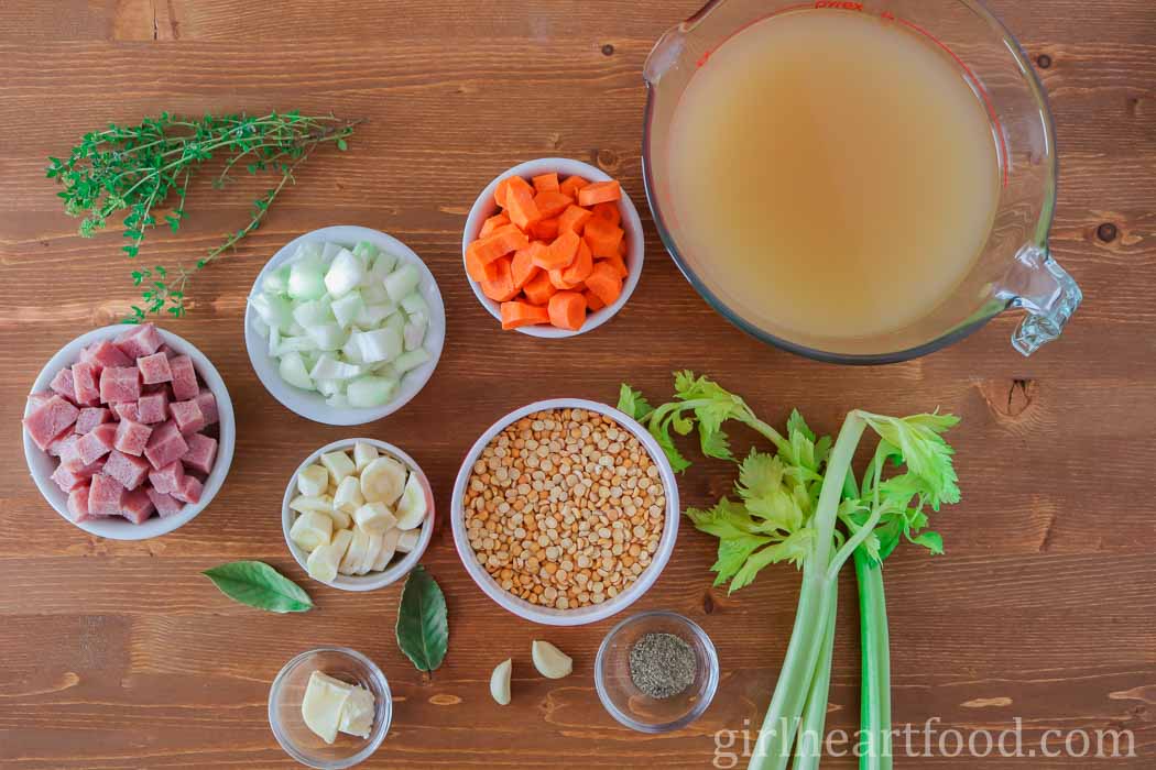 Ingredients for a slow cooker split pea soup recipe.