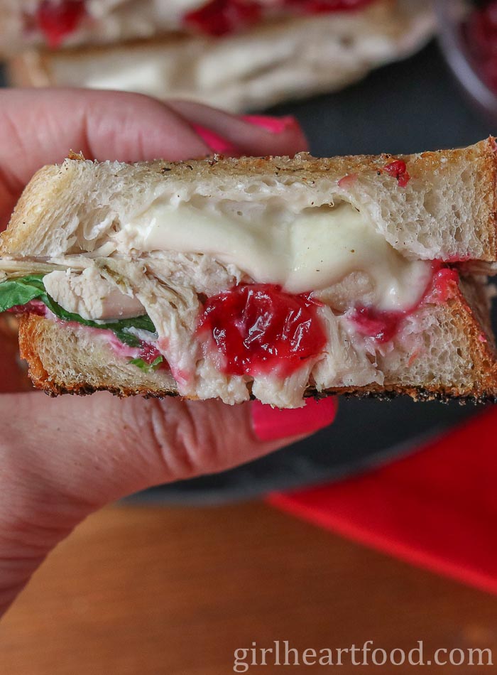 Hand holding half of a cheesy turkey cranberry sandwich.