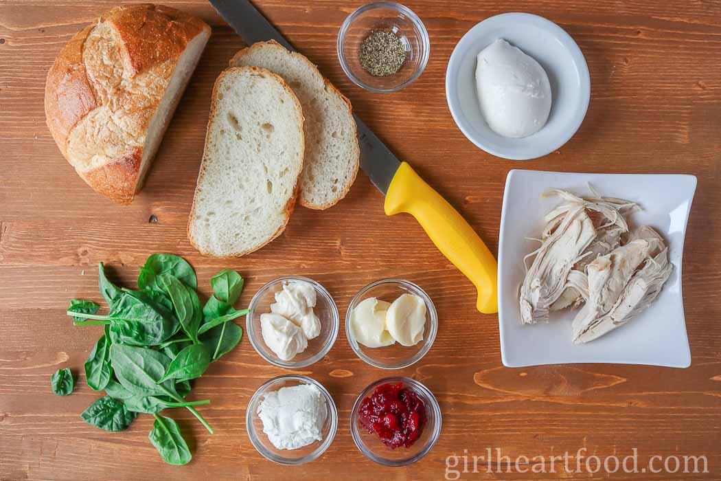 Ingredients for a turkey cranberry sandwich recipe.