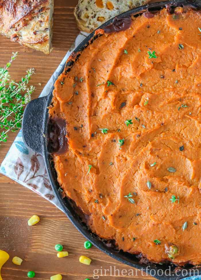 Skillet of vegan shepherd's pie.