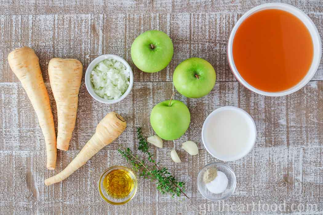 Ingredients for an apple parsnip soup recipe.