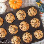 A pan of pumpkin chocolate chip muffins.