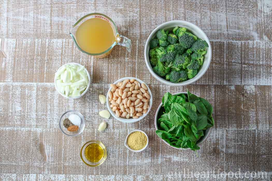 Ingredients for a vegan broccoli spinach soup recipe.