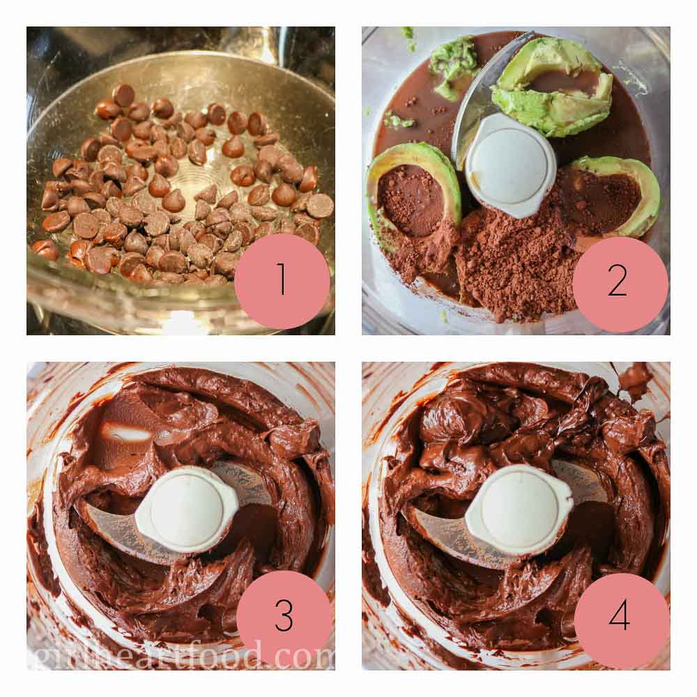 Collage of steps to make chocolate mint avocado pudding in a food processor.