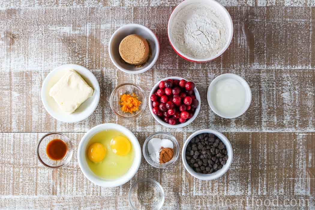 Ingredients for cranberry orange muffins with chocolate chips.