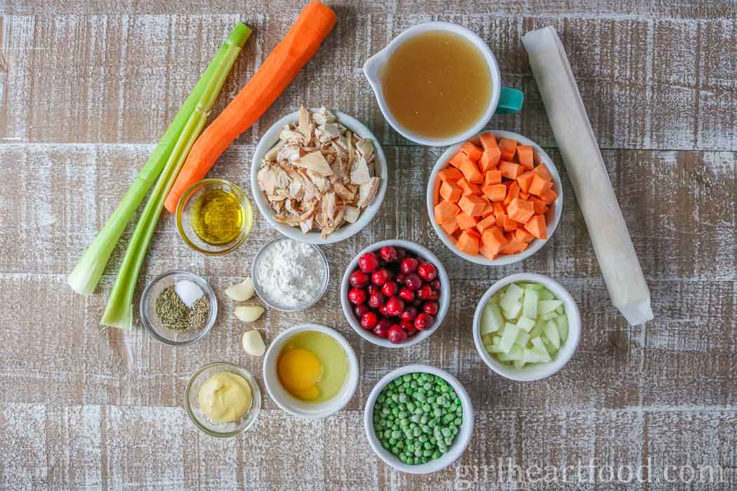 Ingredients for a puff pastry chicken pot pie recipe.