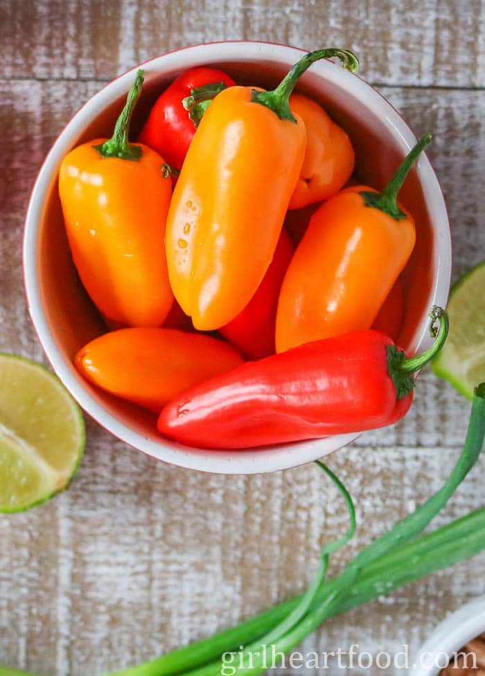 Bowl of mini peppers.