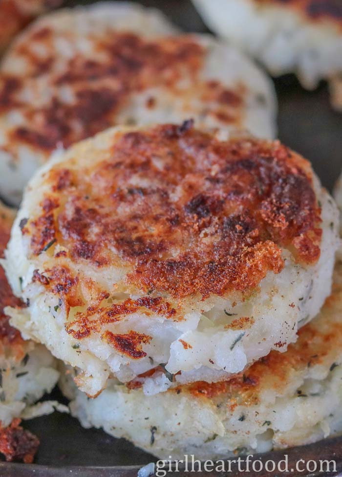 A close-up of a cooked traditional Newfoundland salt cod fish cake.