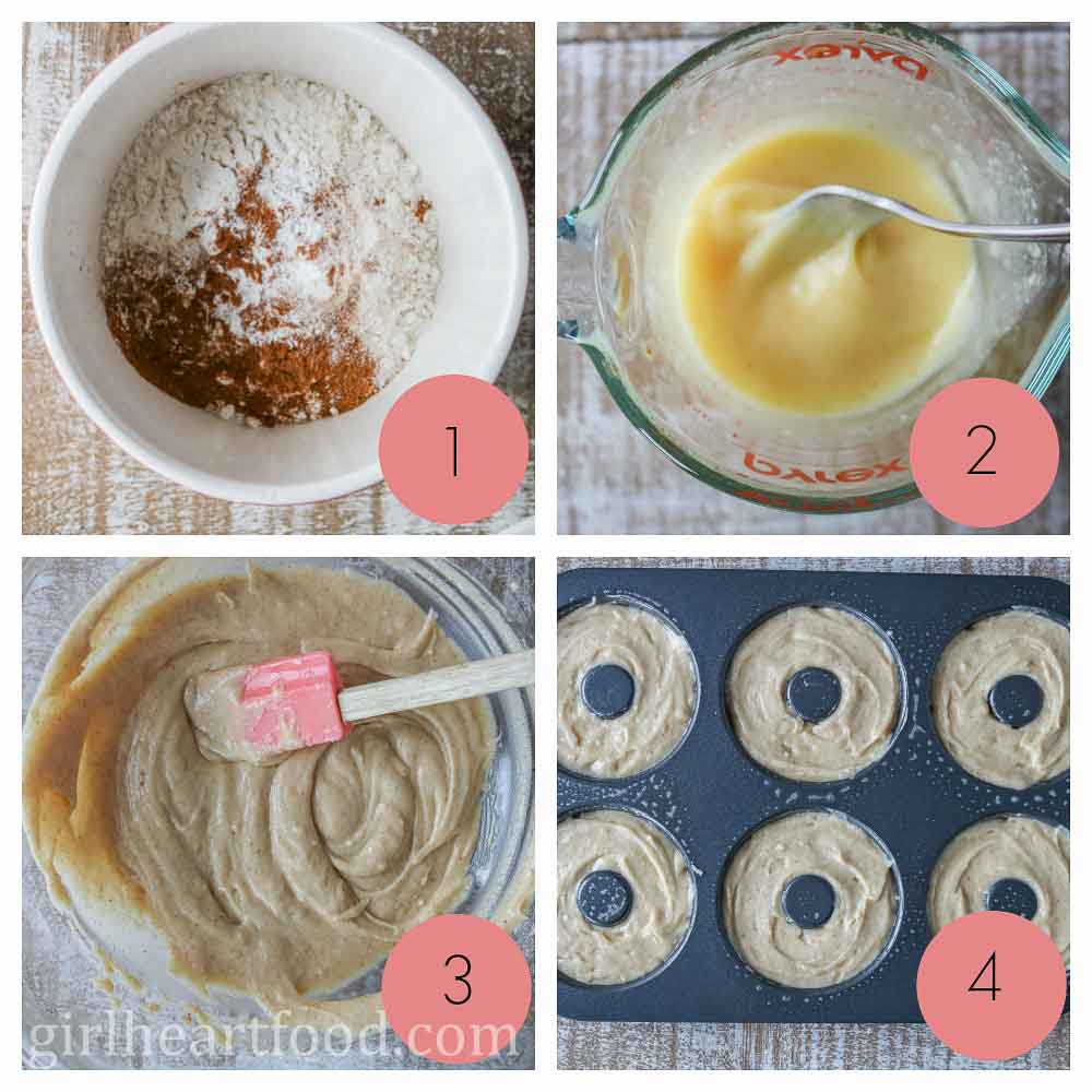 Collage of steps to make baked donuts.