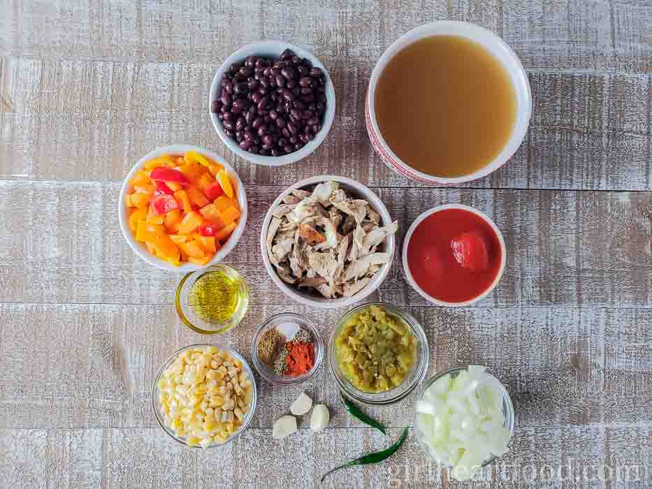 Ingredients for a chicken taco soup recipe.