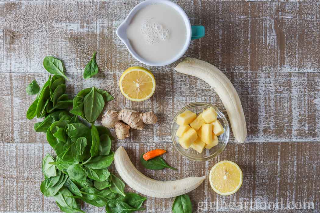 Ingredients for a green smoothie recipe.