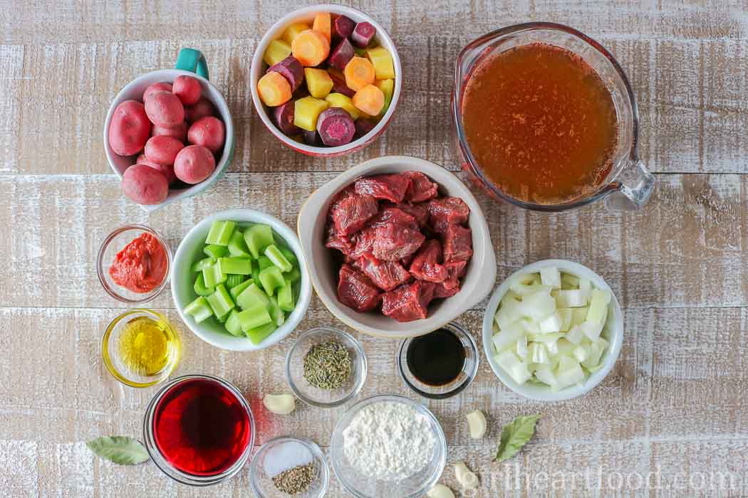 Ingredients for a vegetable and moose stew recipe.