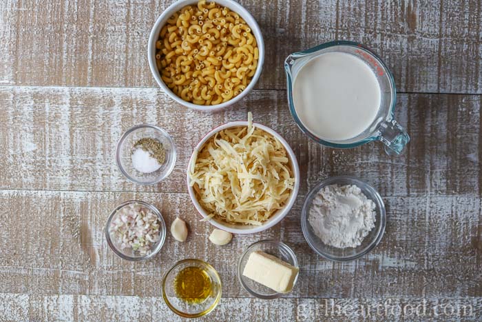 Ingredients for a macaroni and cheese recipe.