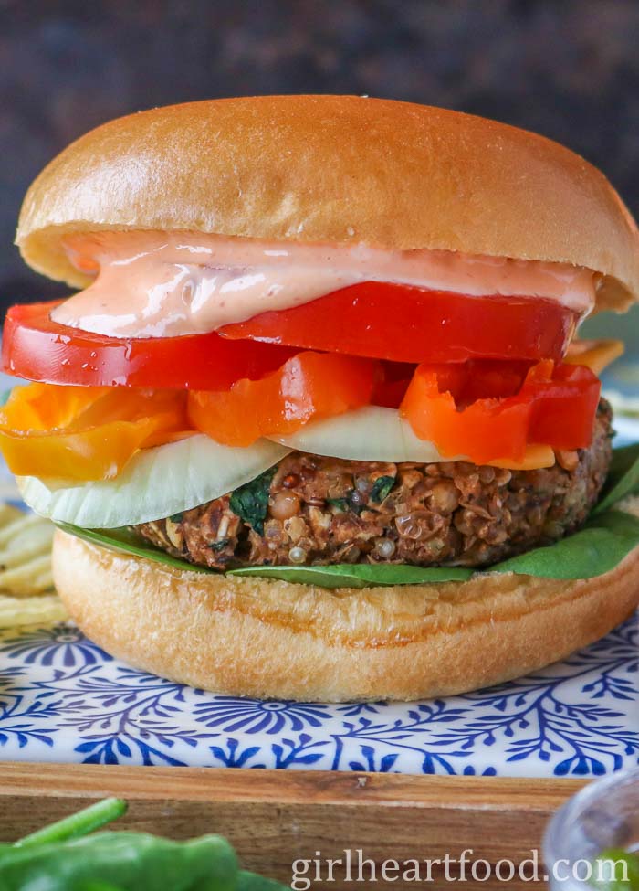 Lentil burger with toppings.