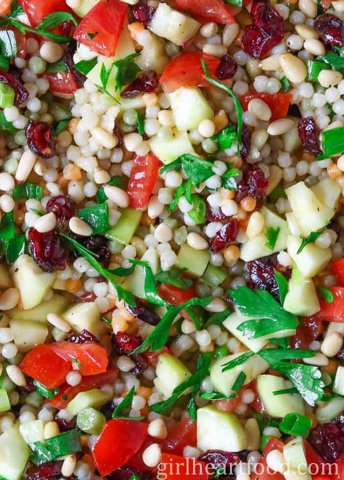 Tight-close up of a pearl couscous salad.