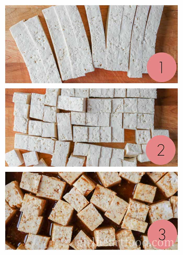 Collage of preparing tofu for marinade.