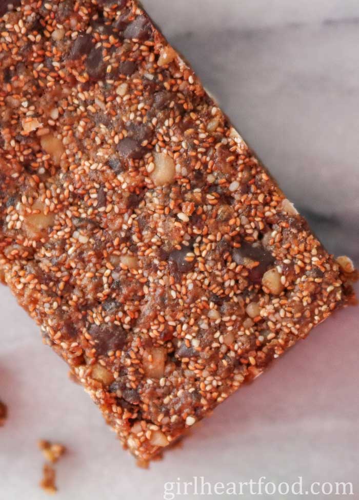 Close-up of a teff energy bar.