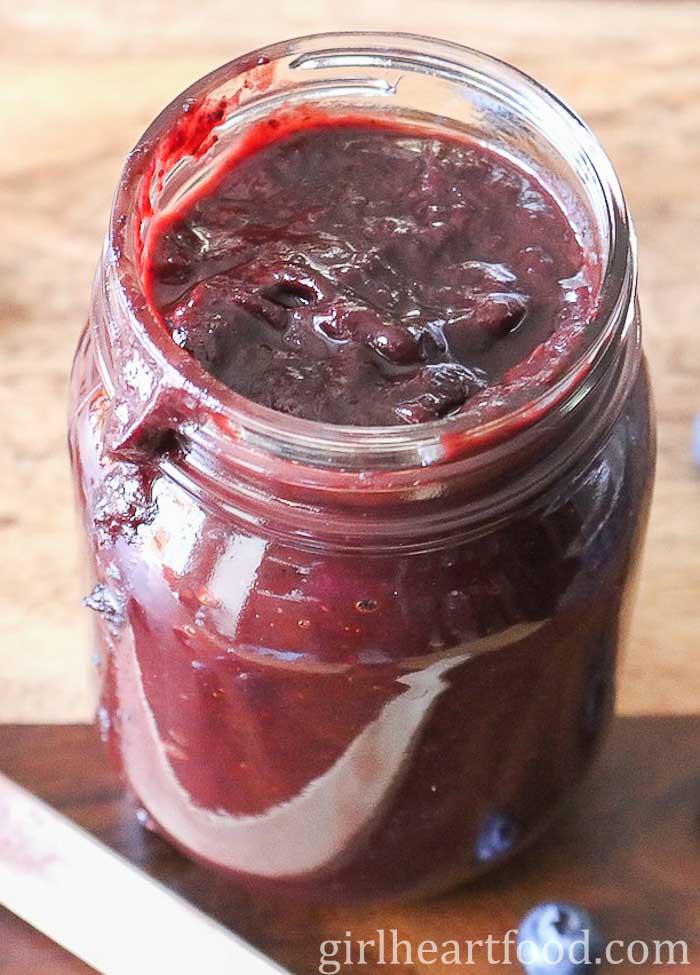 Jar of blueberry barbecue sauce.