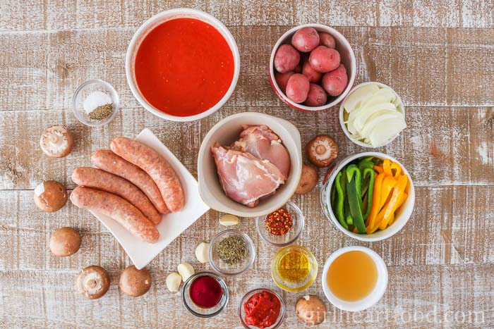 Ingredients for an Italian sausage and chicken recipe.