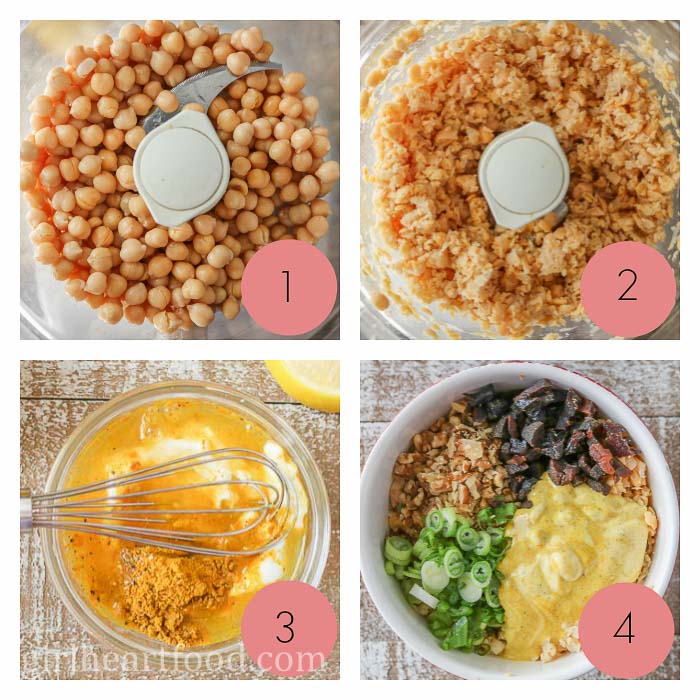 Collage of steps to make curried chickpea salad.