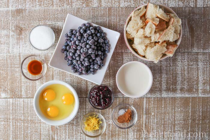 Ingredients for a blueberry bread pudding recipe.