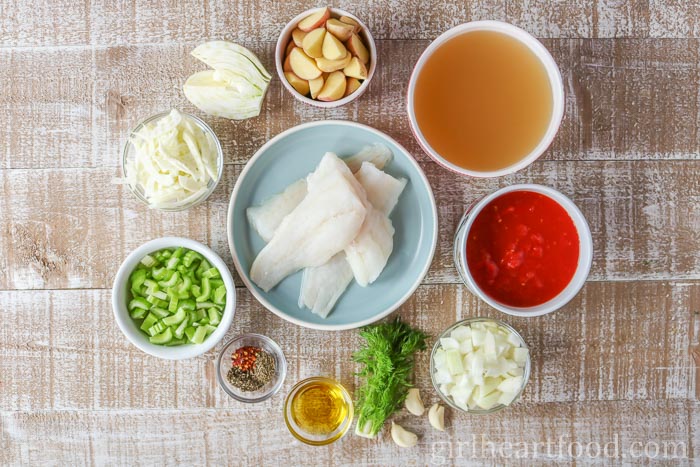 Ingredients for an easy fish stew recipe.