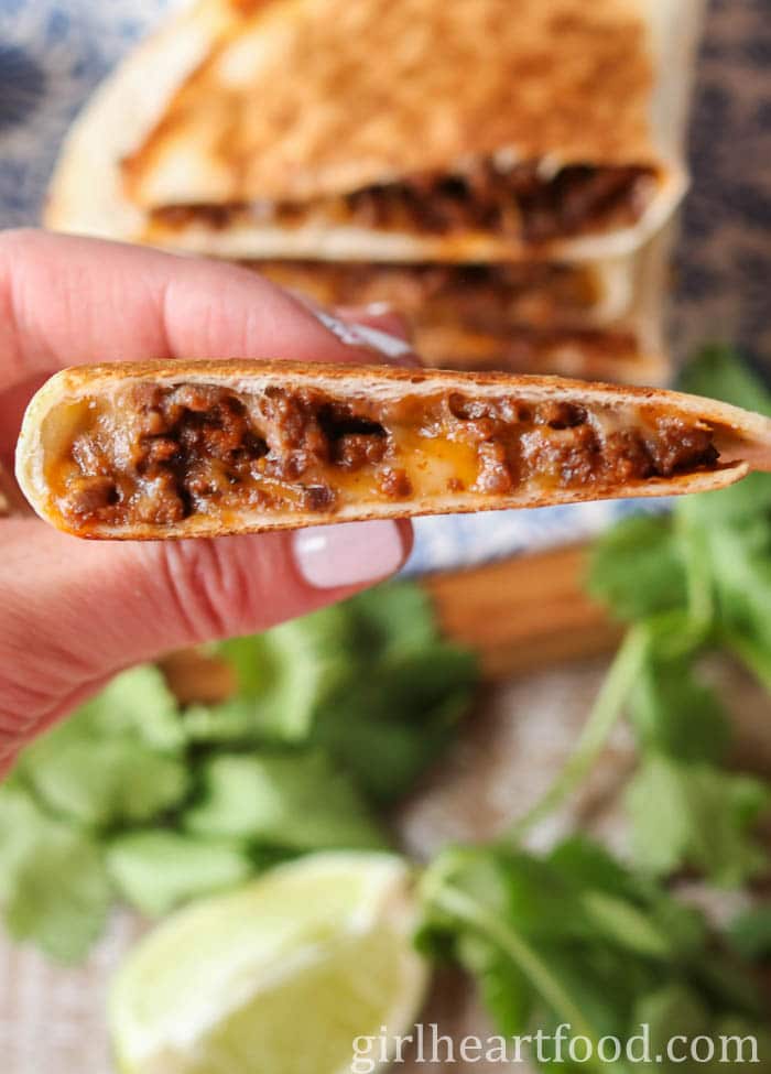 Hand holding a cheese and beef quesadilla.