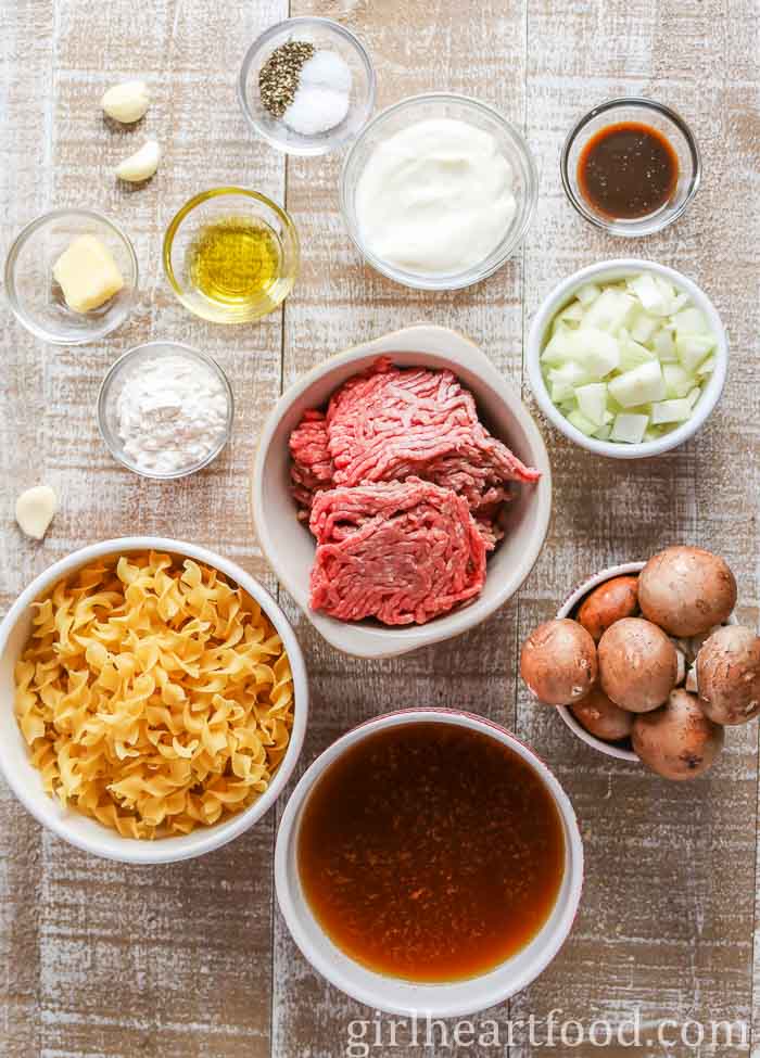 Ingredients for a ground beef stroganoff recipe.