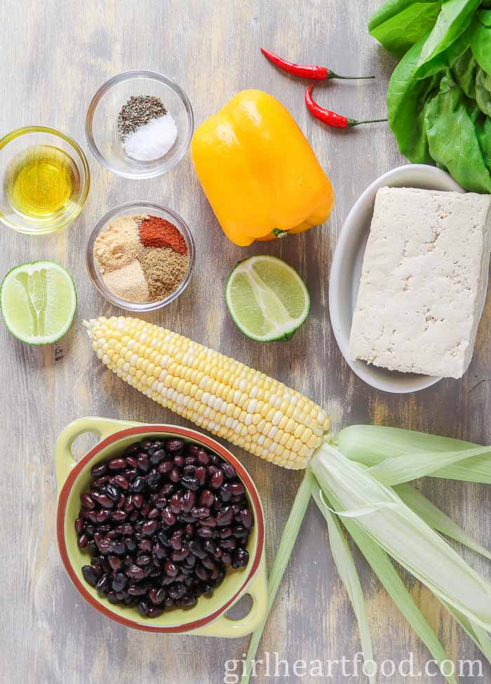 Ingredients for tofu, black bean and veggie wraps.