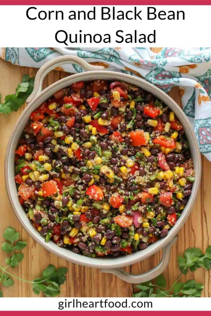 Corn and black bean quinoa salad, some in a serving dish and some in a small bowl.