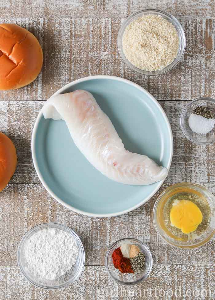 Ingredients for a homemade fish burger recipe.