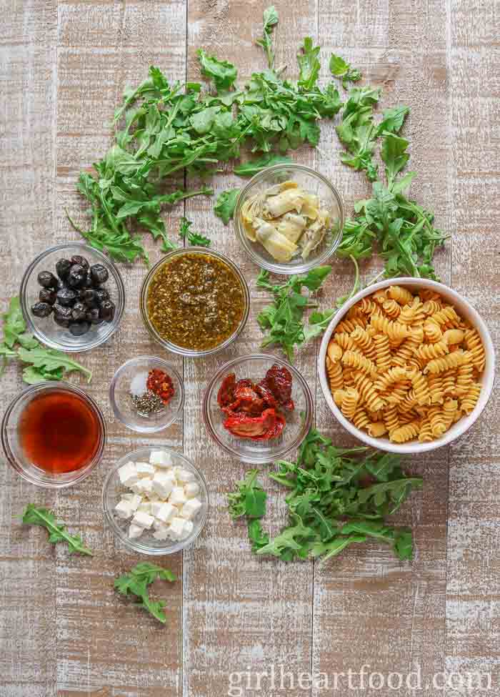 Ingredients for an easy pasta salad recipe.