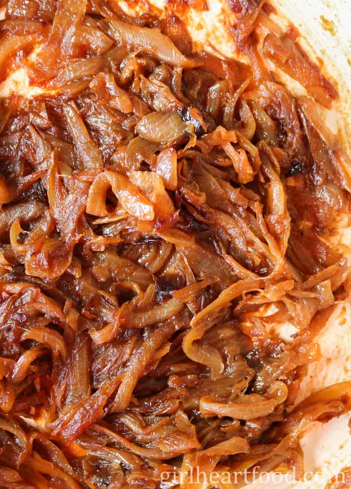Close-up of a pan of caramelized onions.
