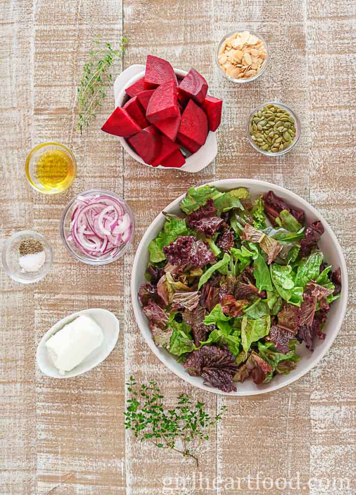 Ingredients for an easy beet salad recipe.