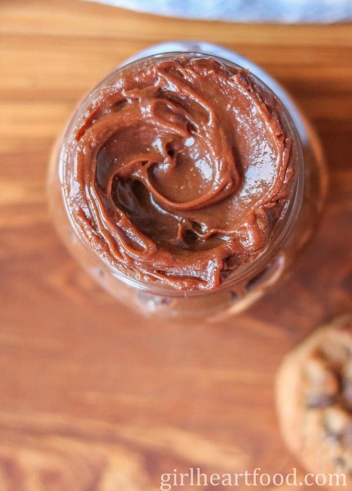 Jar of peanut butter chocolate chip Nutella cookie spread.