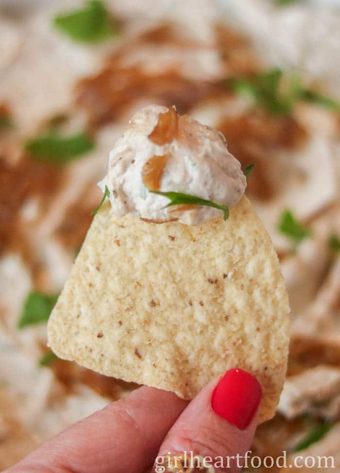 Hand holding a tortilla chip that has been dipped in onion dip.
