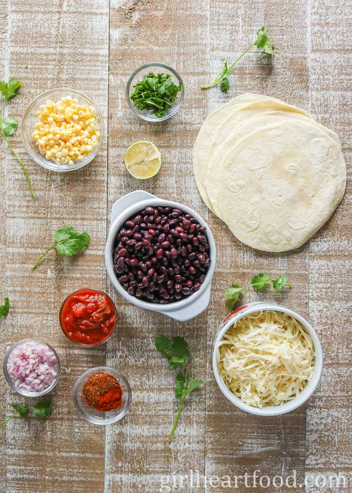 Ingredients for a black bean quesadilla recipe.