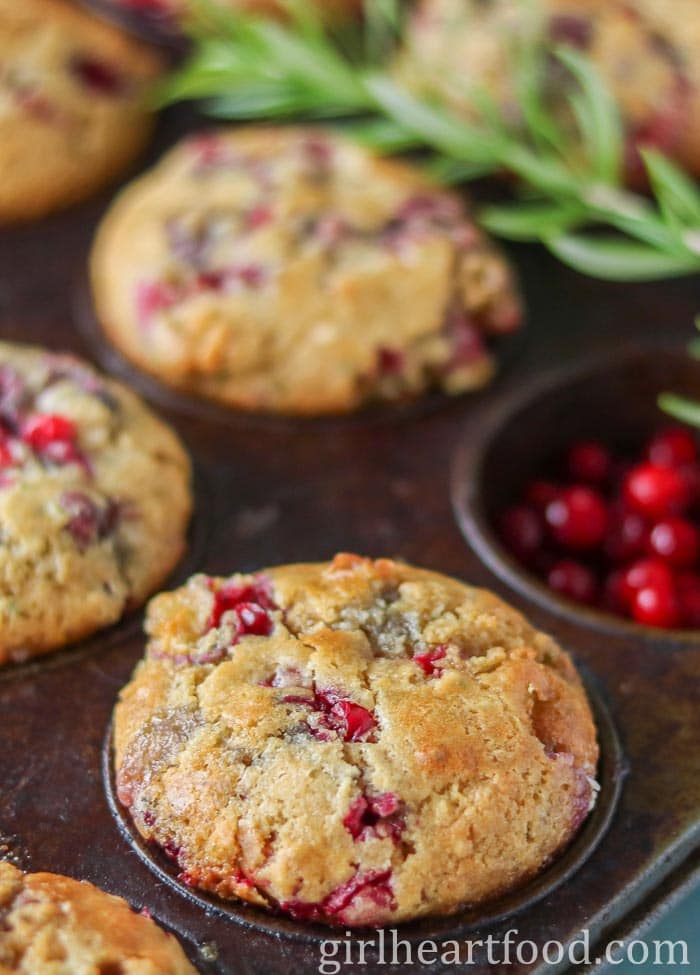 Baked partridgeberry muffins in a muffin pan.
