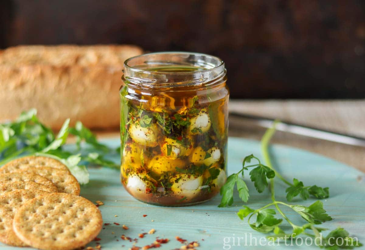 Marinated Mozzarella Balls with herb infused oil - Girl Heart Food