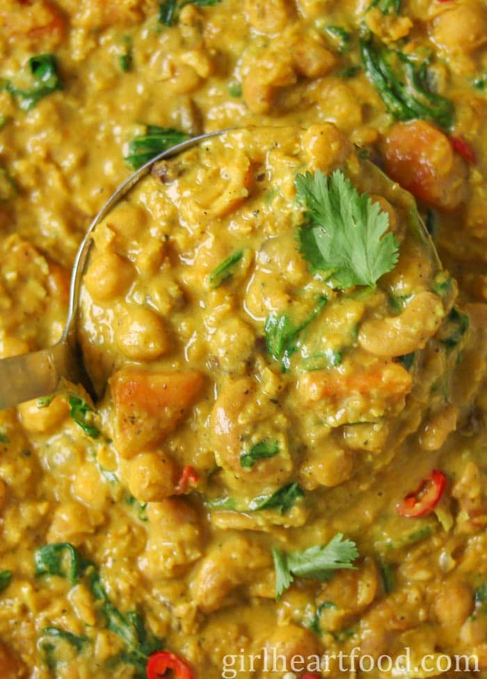 Close-up of a ladle of chickpea lentil curry.