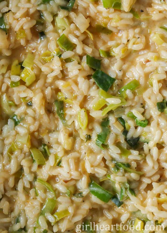 Tight close-up of creamy leek risotto.