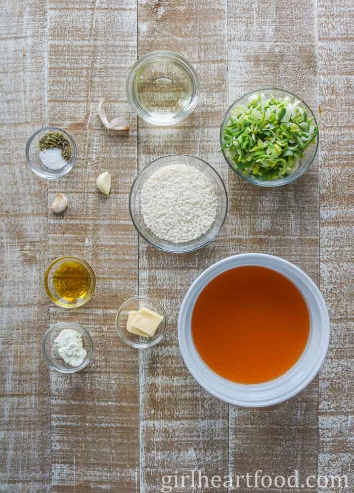 Ingredients for a leek risotto recipe.