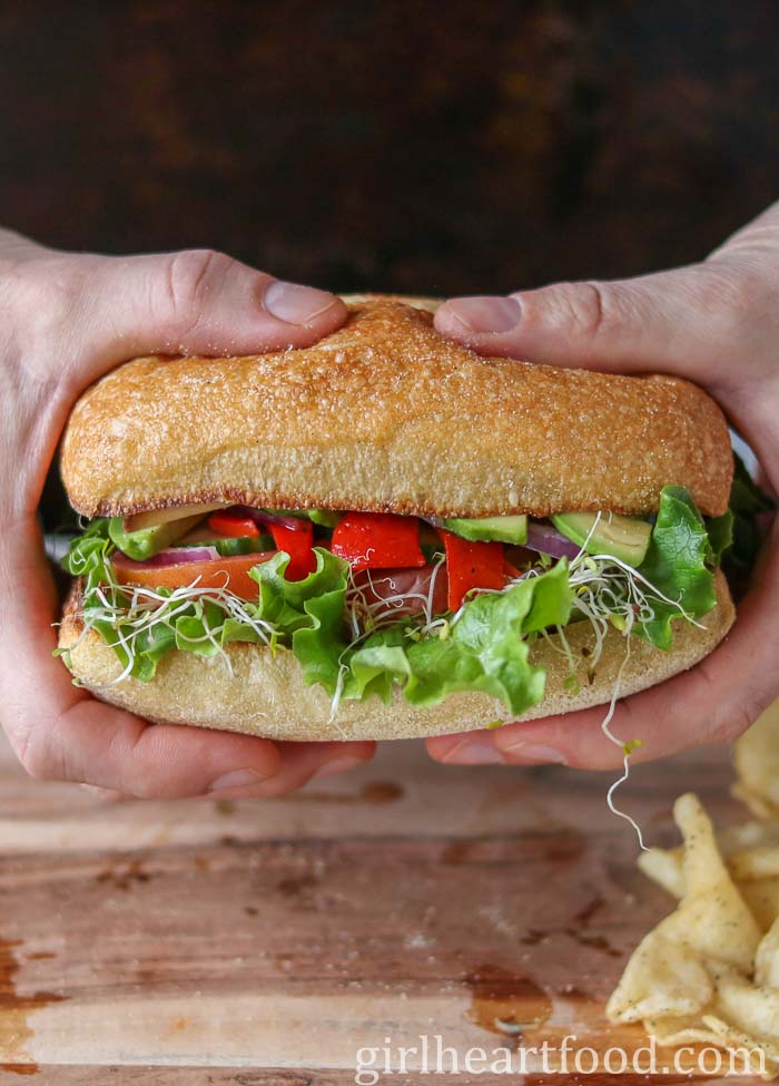 Two hands holding a veggie sandwich.