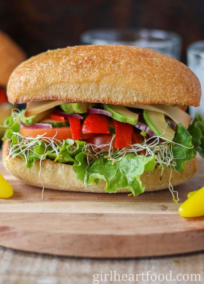 Veggie sandwich on a ciabatta bun.