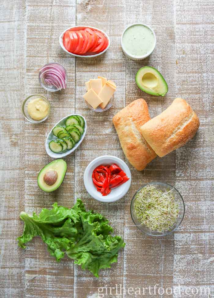Ingredients for a vegetable sandwich recipe.