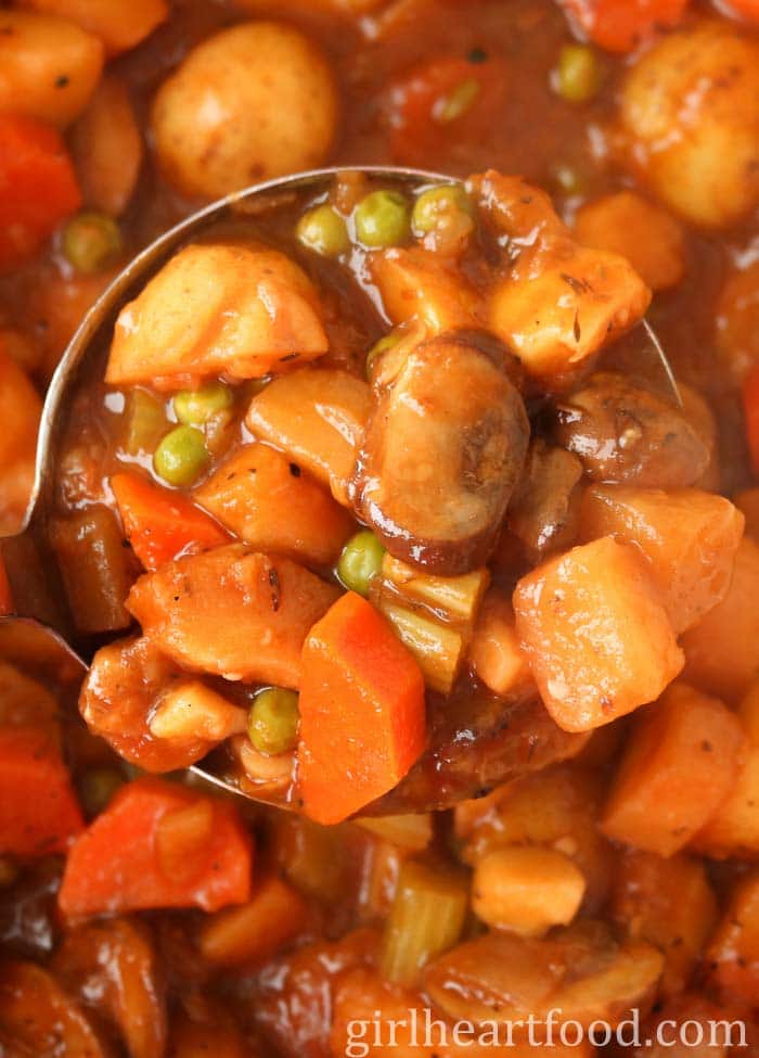 Close-up of a ladle of vegetable stew.