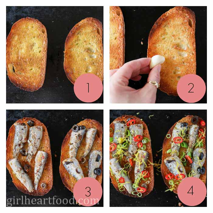 Collage of steps to make sardines on toast.