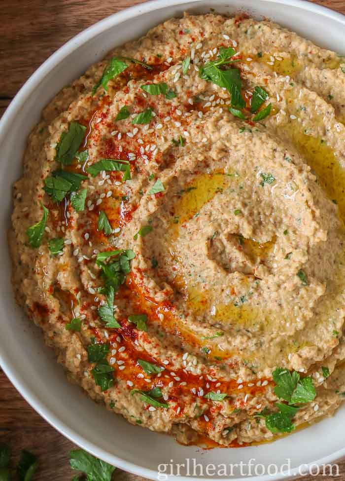 Close-up of a bowl of roasted eggplant dip.