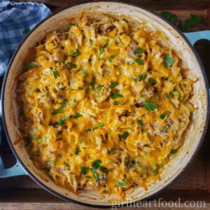 Pan of classic tuna casserole with cheese.
