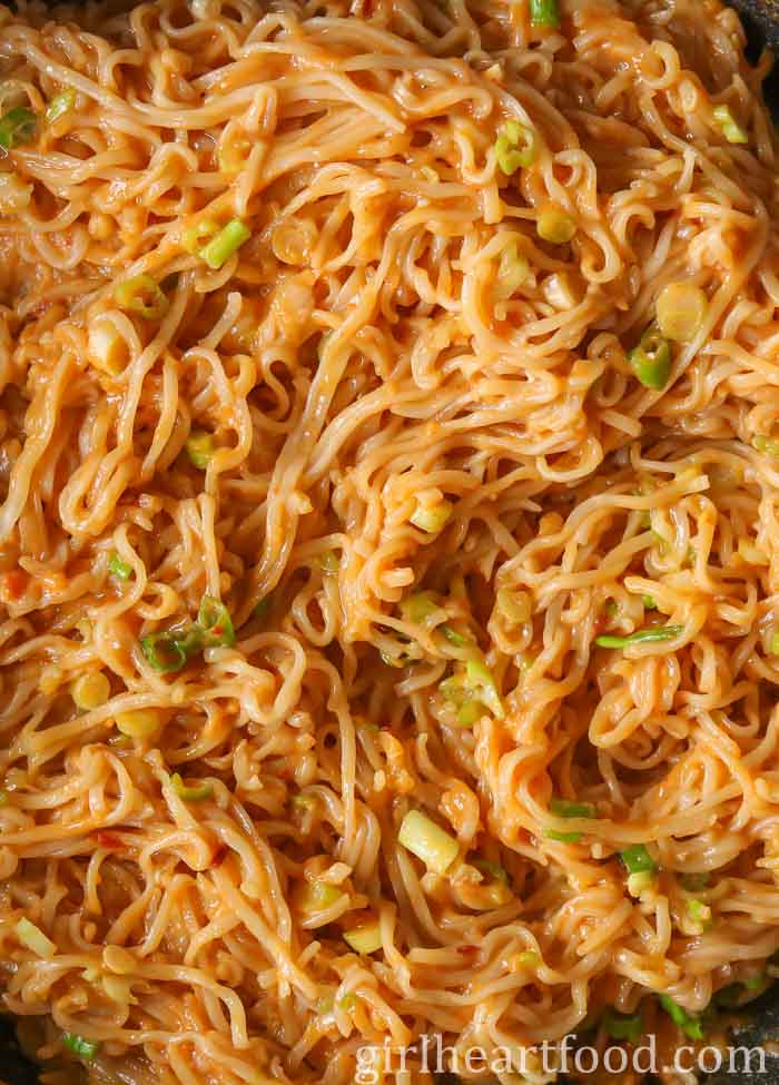Close-up of spicy ramen noodles.